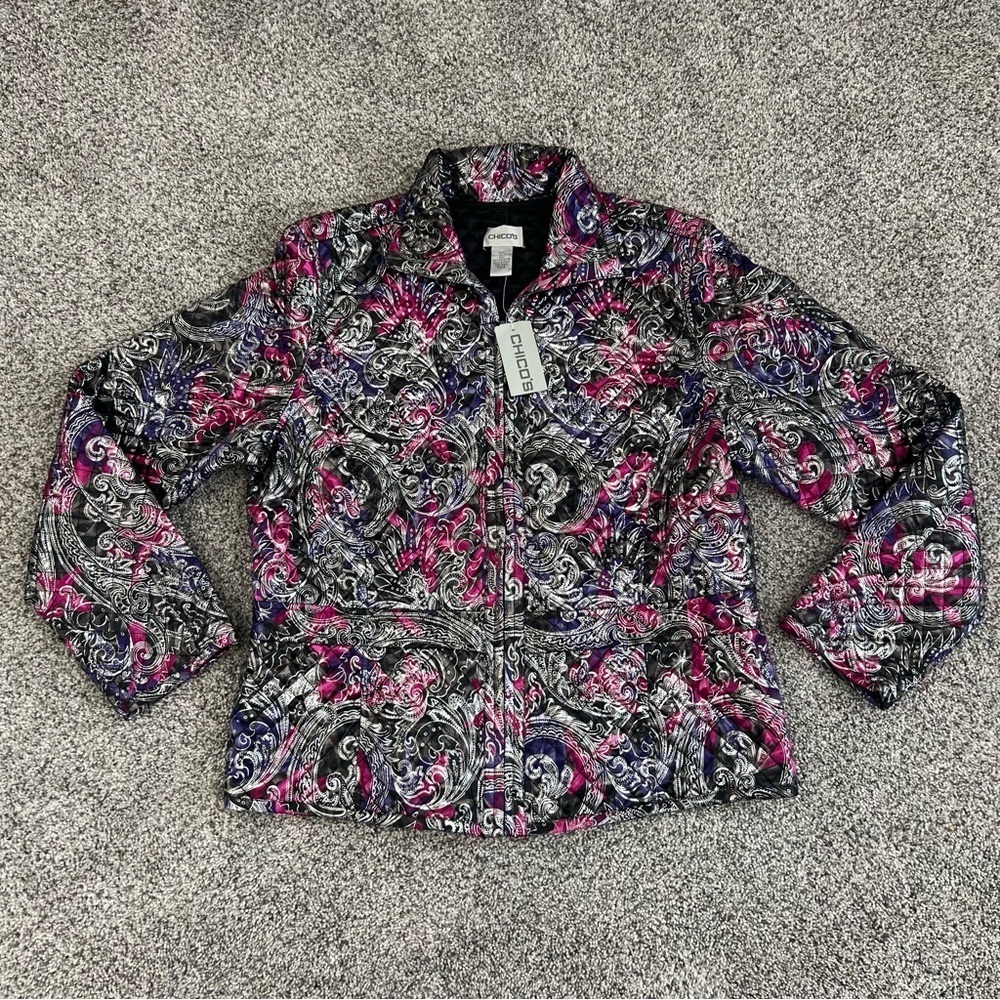 NWT Chico’s Paisley Print Quilted Multicolor Reversible Jacket Women’s Size L